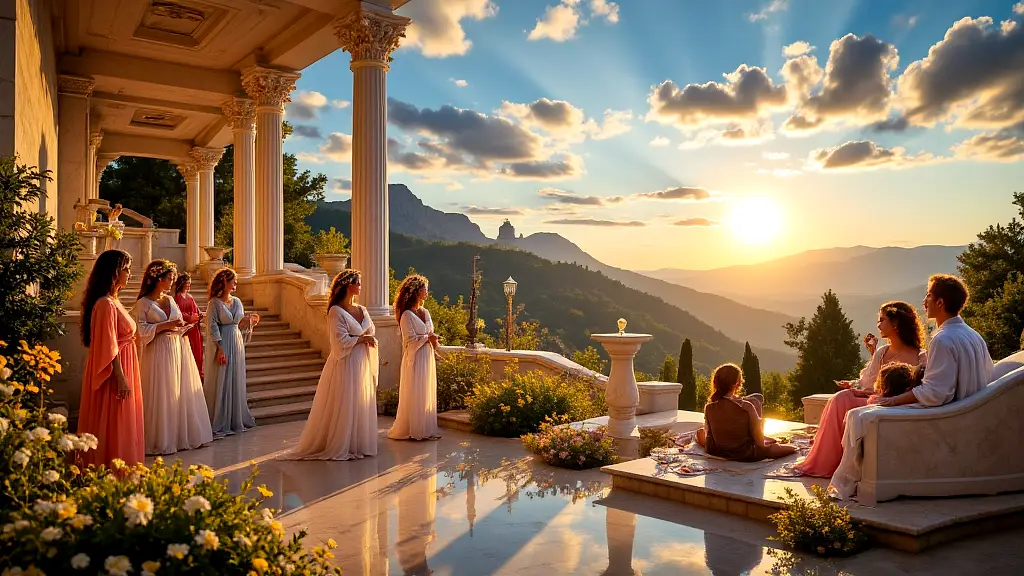 Graces, Horae, and Muses gather joyfully on Mount Olympus.