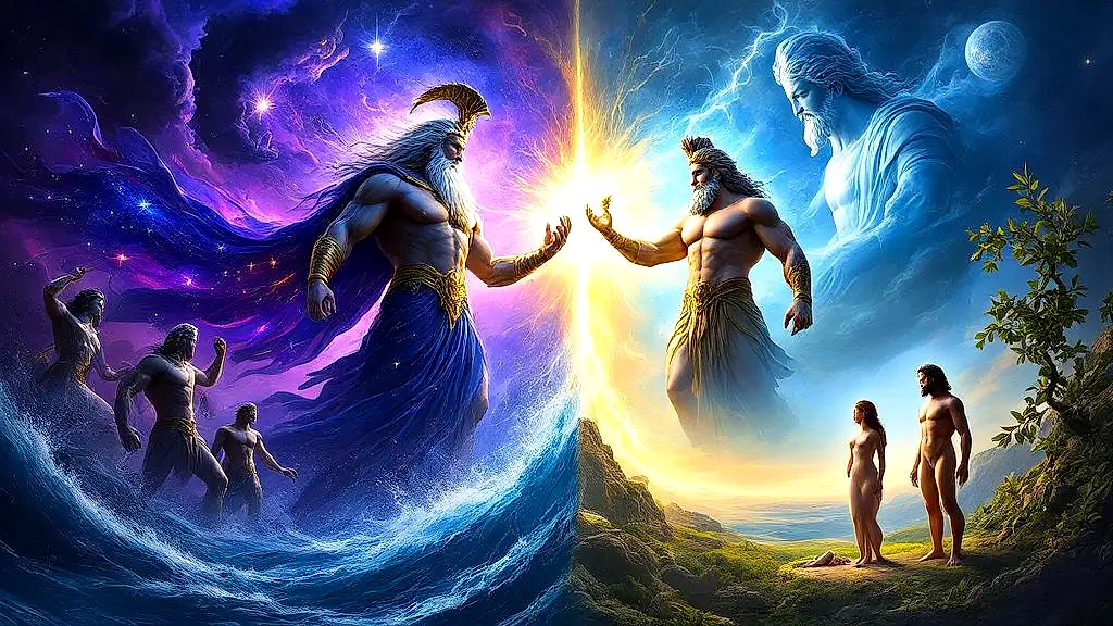 Greek and Biblical creation myths contrasted in vivid detail.