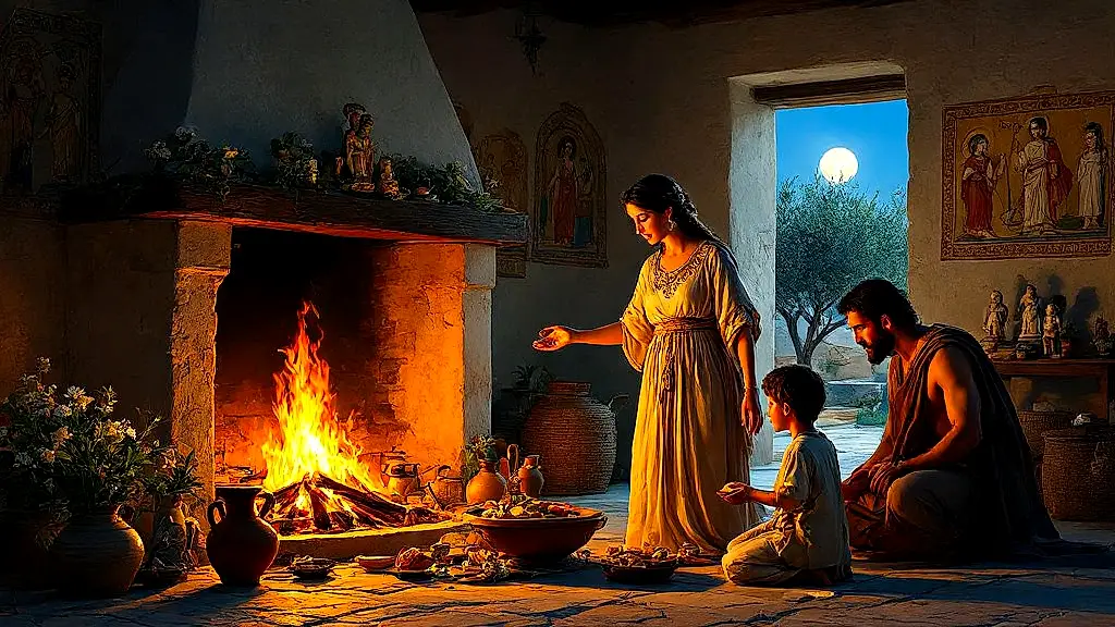 Greek family honoring Hestia at home hearth ritual.