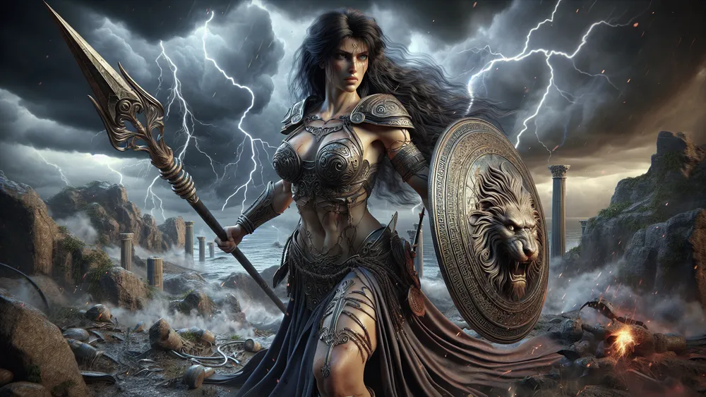 Greek Goddess Bia Powerful And Commanding Amidst A Stormy Rugged Landscape