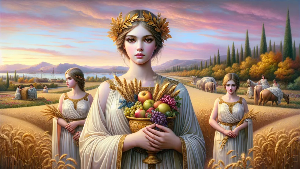 Greek Goddess Eirene With A Cornucopia In A Peaceful Countryside