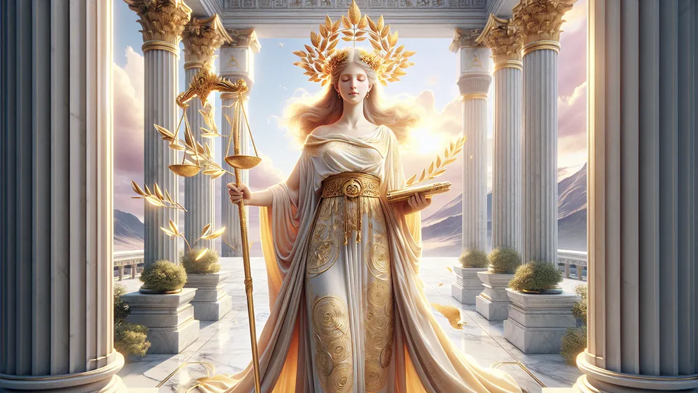 Greek Goddess Eunomia With Golden Staff Scroll And Marble Courtyard