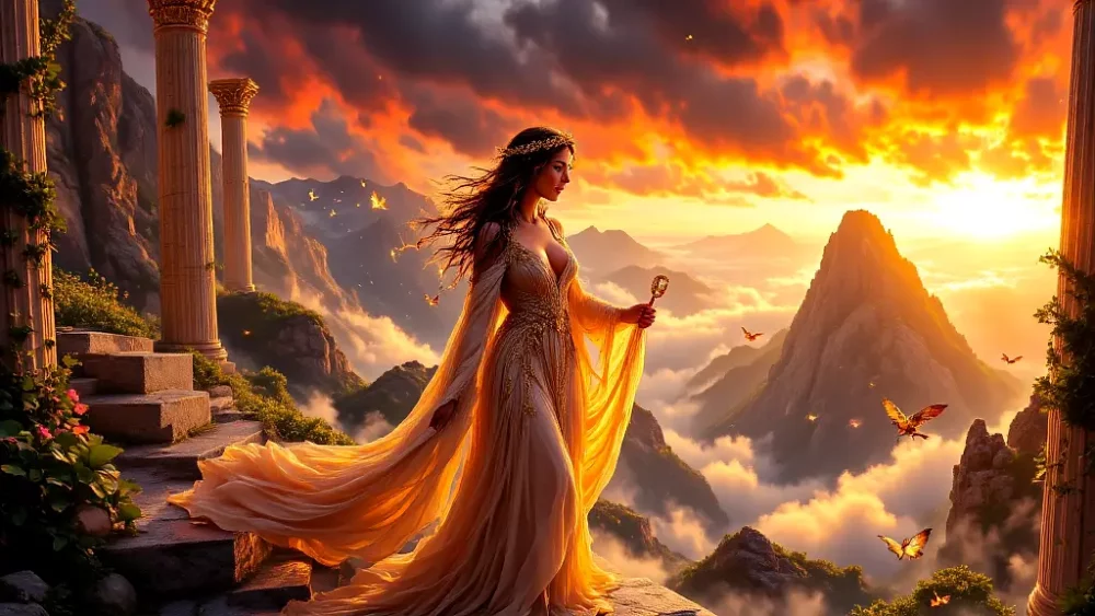Greek goddess with lyre on Mount Olympus at sunset.