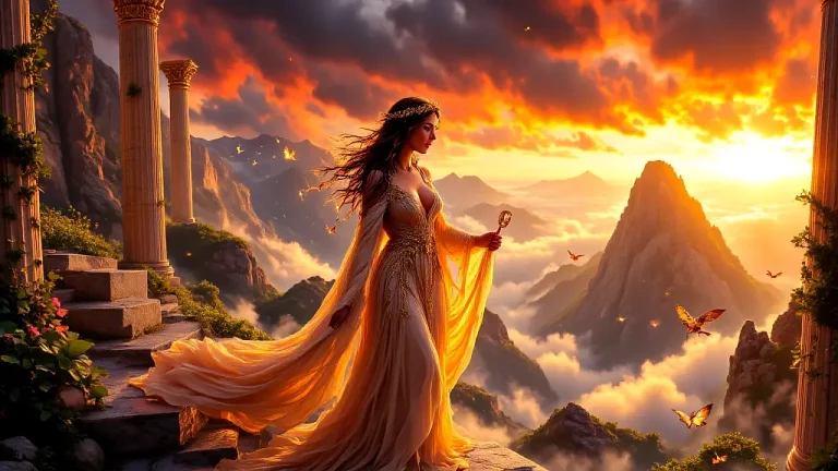 Greek goddess with lyre on Mount Olympus at sunset.