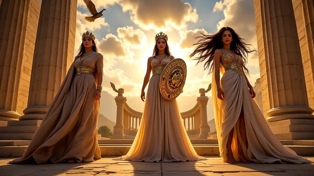Greek goddesses Athena, Artemis, and Hera united in power.