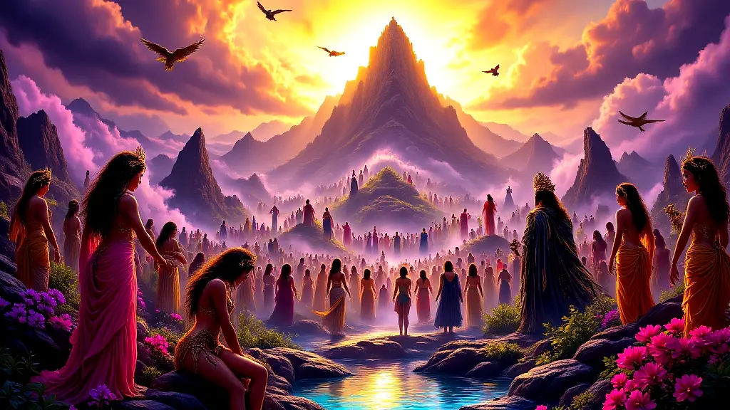 Greek goddesses, nymphs, and heroines gathered on Mount Olympus.