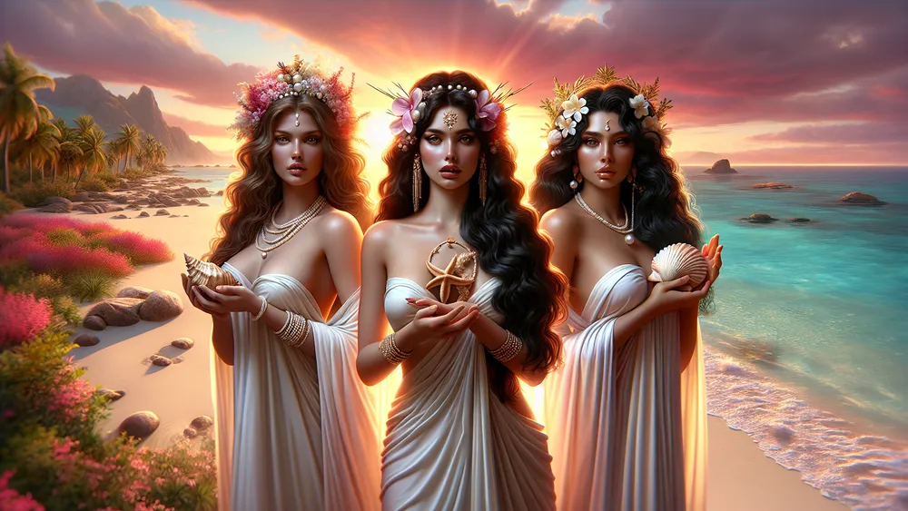 Greek Goddesses Of Islands On A Serene Sunlit Beach