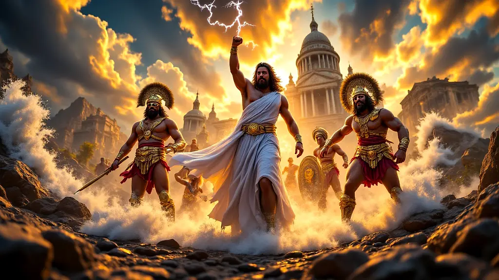 Greek gods and heroes in a vibrant mythical scene.