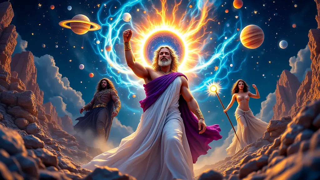 Greek gods and planets in cosmic mythology scene.