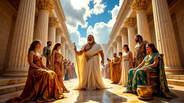 Greek gods assembled on Mount Olympus in vibrant detail.