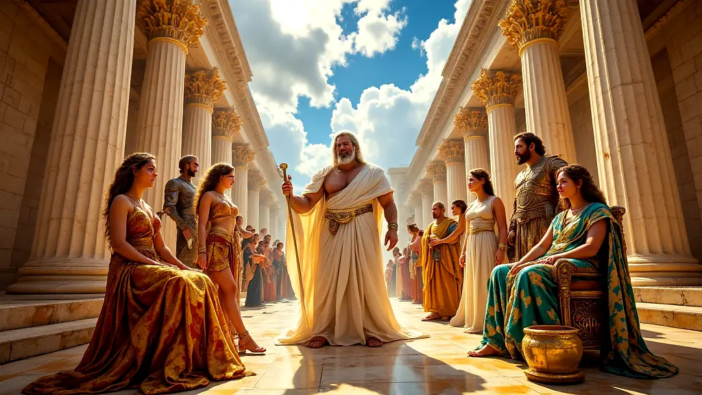 Greek gods assembled on Mount Olympus in vibrant detail.