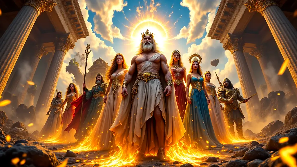 Greek gods family tree in vibrant celestial setting.