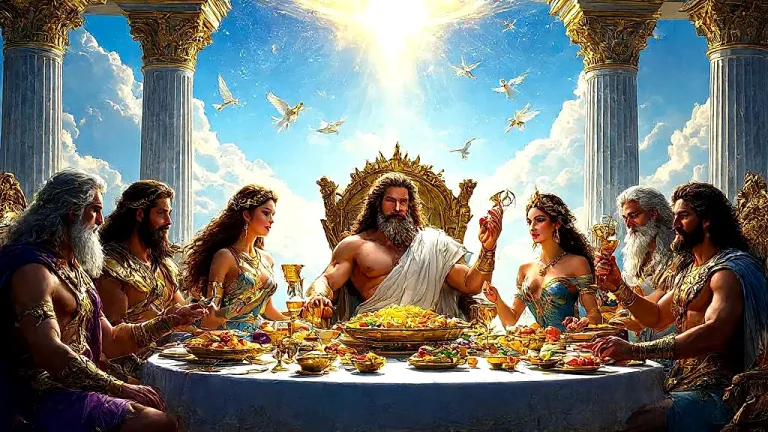 Greek gods feasting on ambrosia in Olympus.