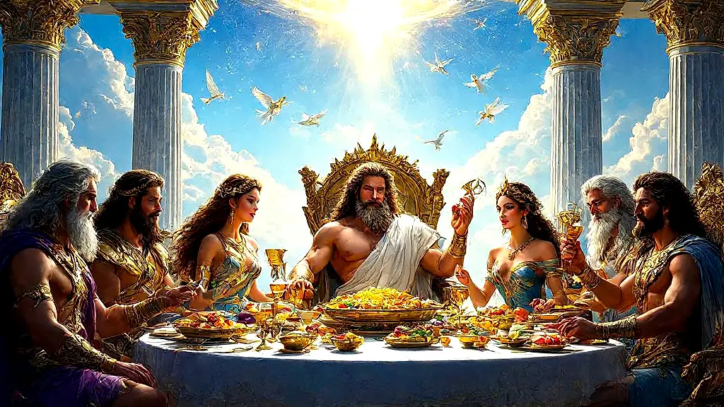Greek gods feasting on ambrosia in Olympus.