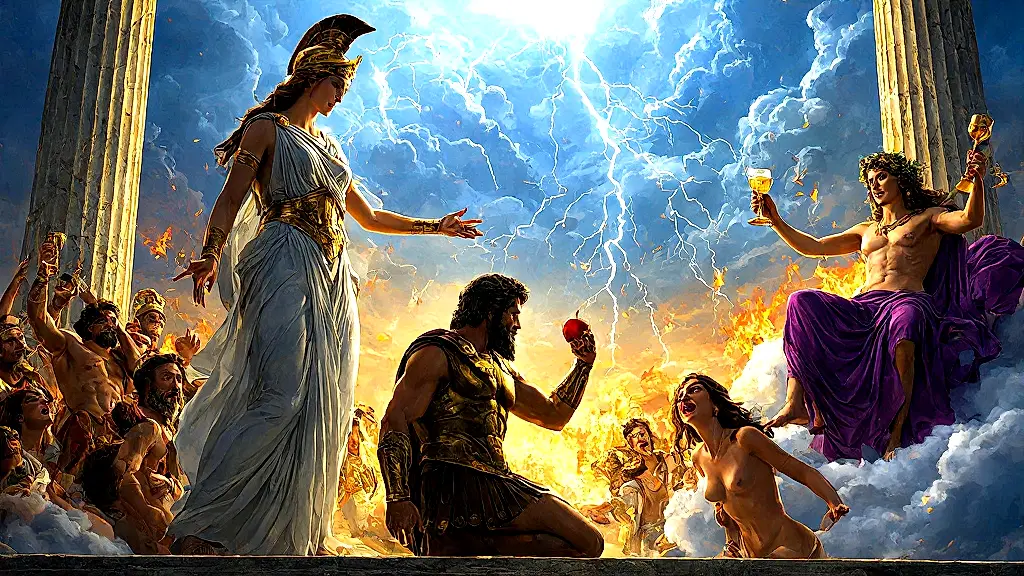Greek gods manipulating mortals in vibrant, dramatic mythology scene.