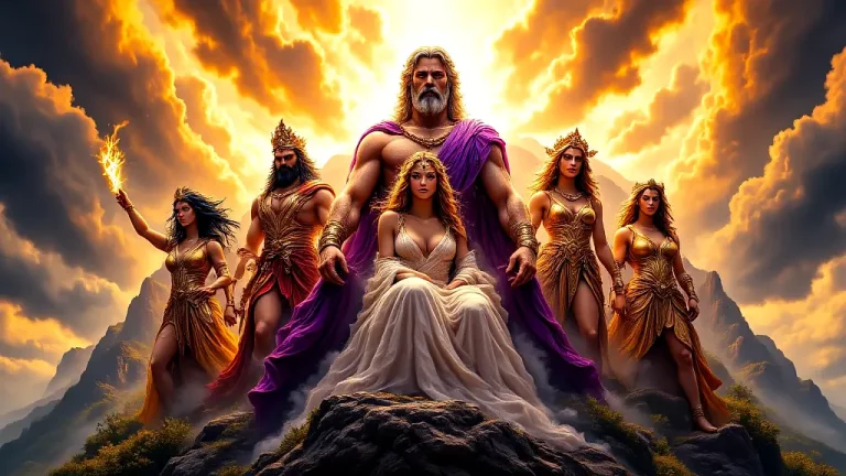 Greek gods on Mount Olympus in golden twilight.