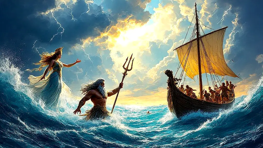 Greek gods Poseidon and Hera influencing sea voyage.