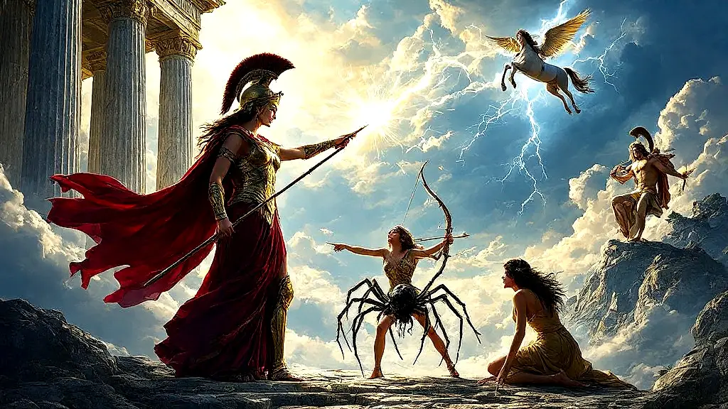 Greek gods punishing mortal hubris in vivid Olympus scene.