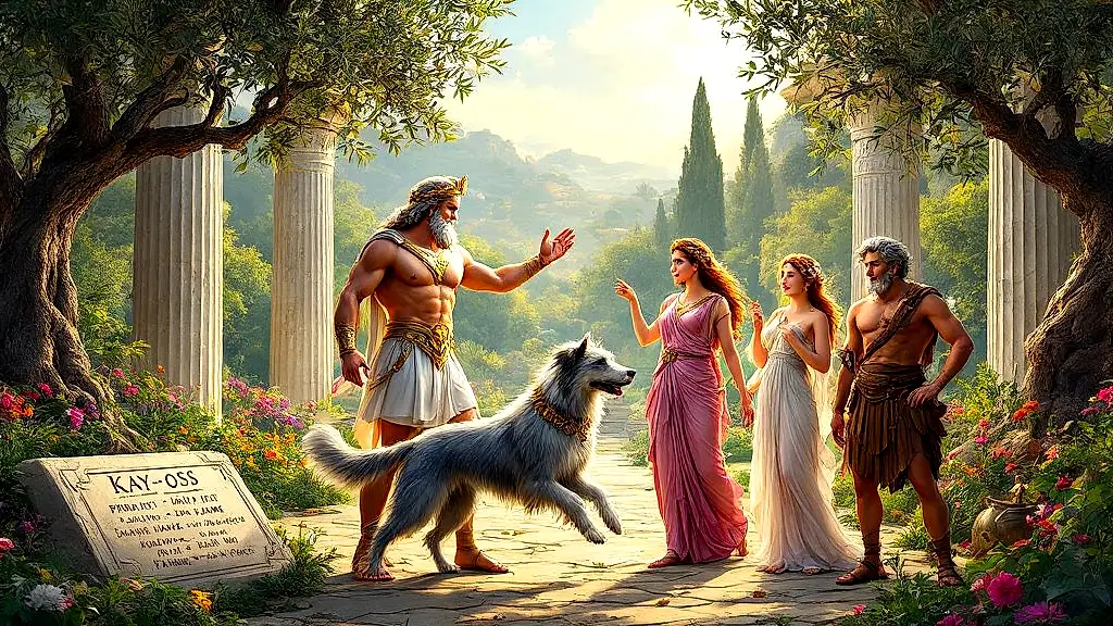Greek gods teaching name pronunciations in a sunlit park.