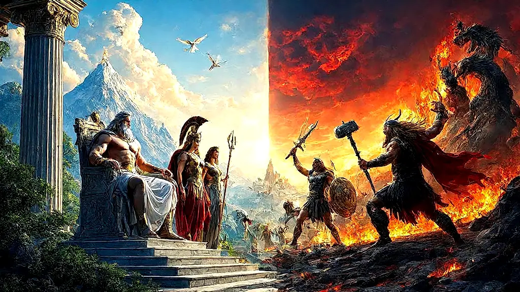 Greek gods vs Norse Ragnarök in epic cinematic clash.