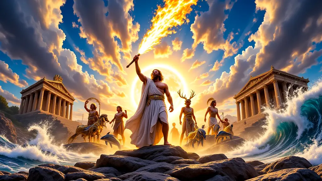 Greek gods with symbols on Mount Olympus, vibrant and epic.