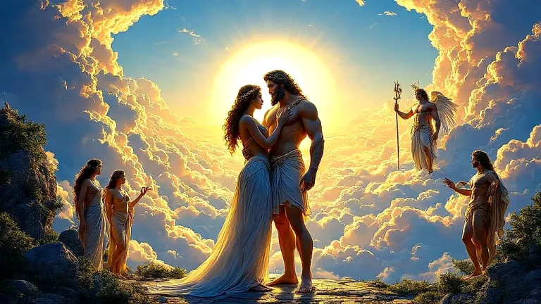 Greek gods witnessing the splitting of soulmates by Zeus.