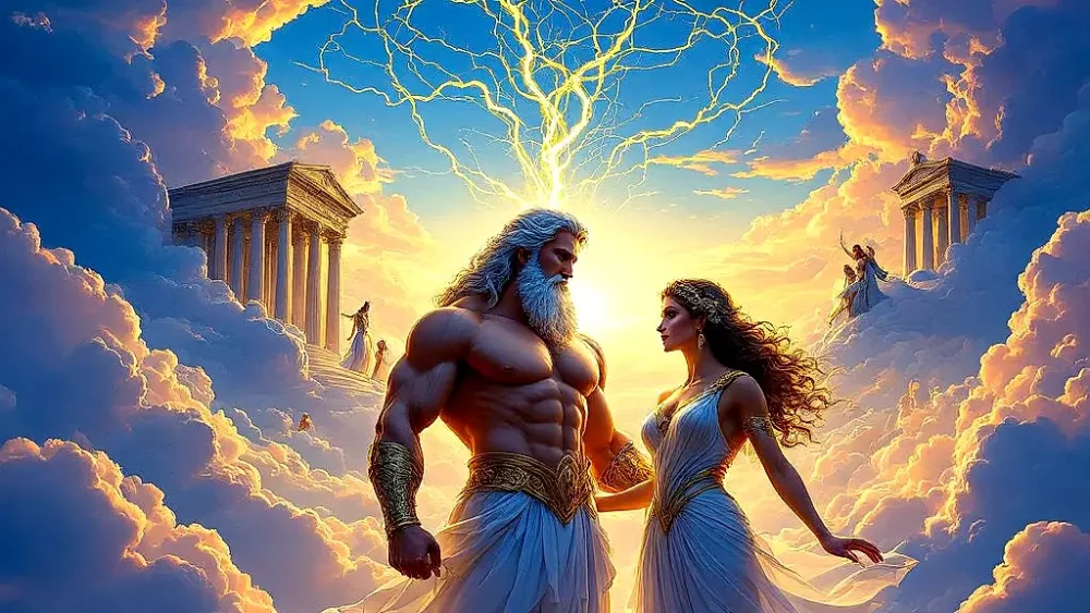 Greek gods Zeus and Hera with divine family tree.
