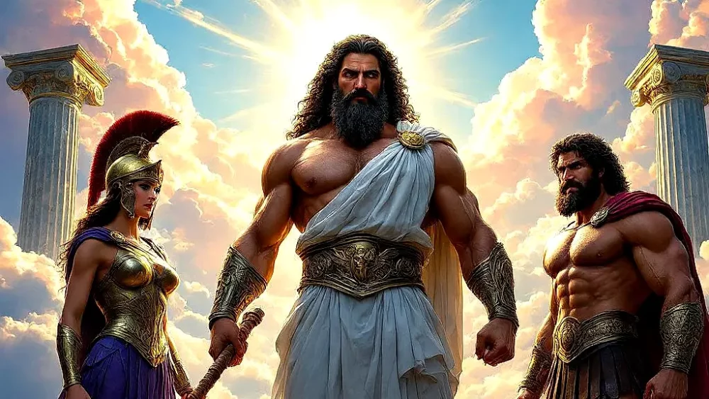Greek gods Zeus, Athena, and Hercules on Mount Olympus.