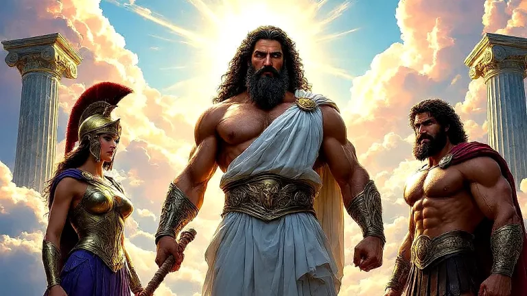 Greek gods Zeus, Athena, and Hercules on Mount Olympus.