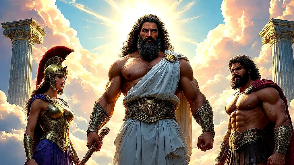 Greek gods Zeus, Athena, and Hercules on Mount Olympus.