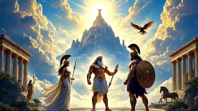 Greek gods Zeus, Athena, Hercules on Olympus