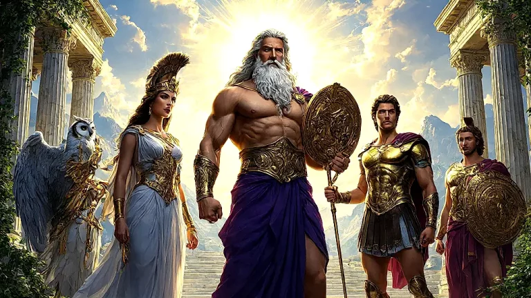 Greek gods Zeus, Hera, Athena, Apollo in vibrant Olympus scene.