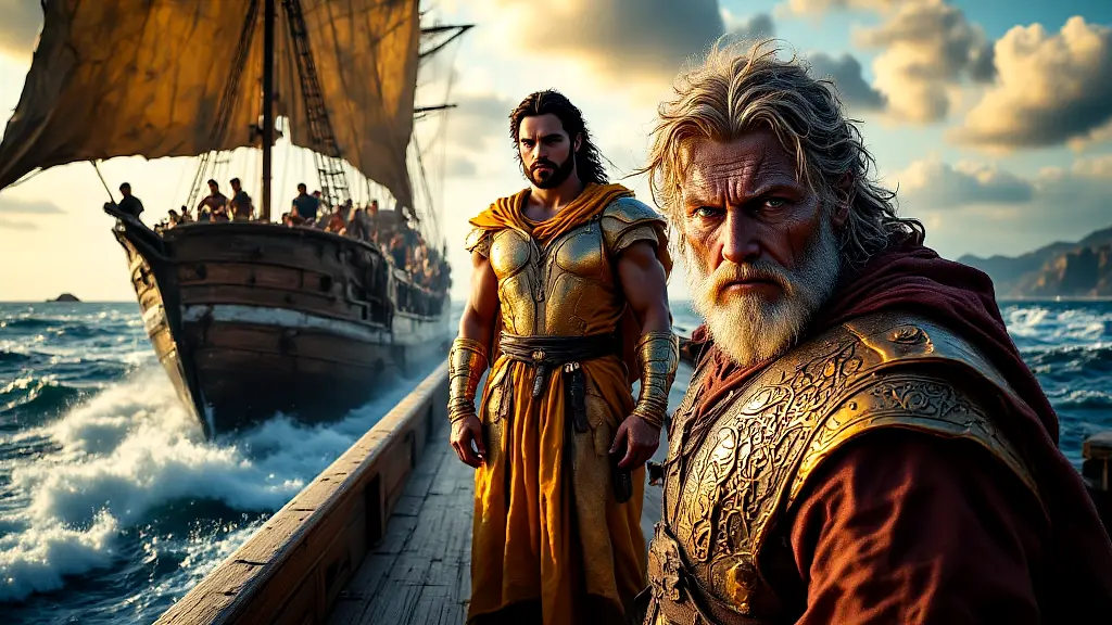 Greek heroes Odysseus and Achilles with Briseis, epic mythology scene.