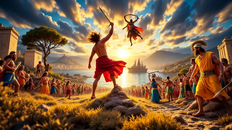 Greek heroes performing legendary deeds in vibrant mythology scene.