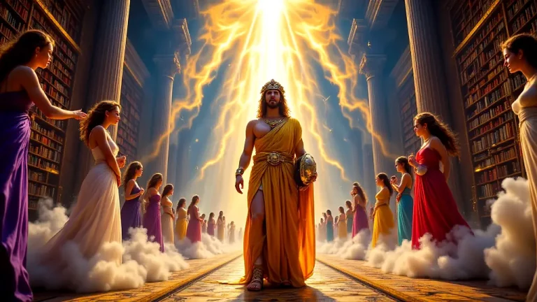 Greek knowledge gods in celestial library, Athena, Apollo, Hermes, Muses.