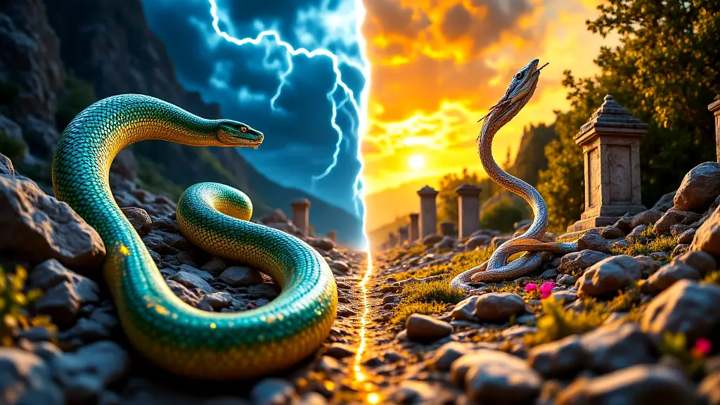 Greek myth serpents: chaos Python vs healing Asclepius rod.