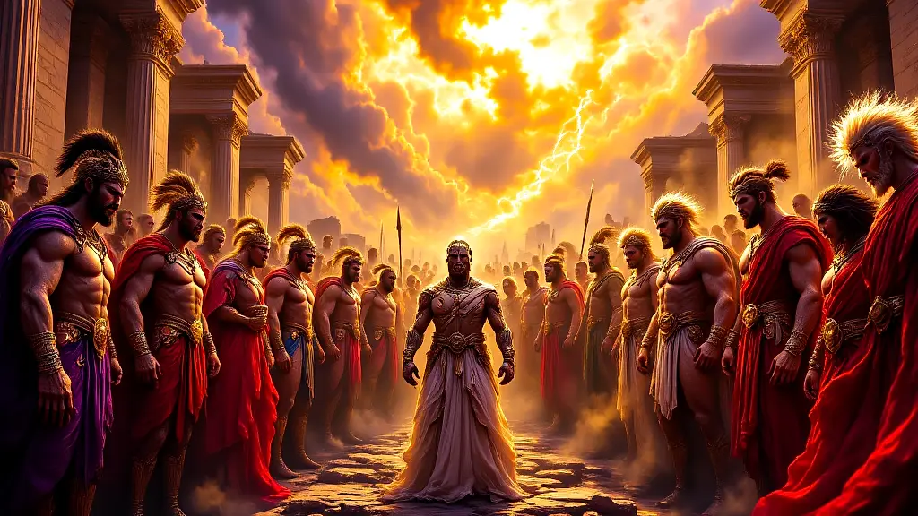 Greek mythological heroes stand proudly on Mount Olympus.