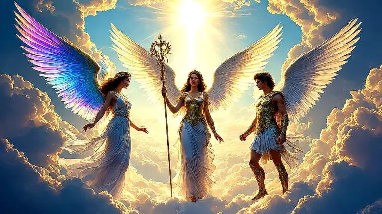 Greek mythology angels Iris, Nike, Hermes divine scene