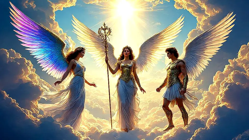 Greek mythology angels Iris, Nike, Hermes divine scene