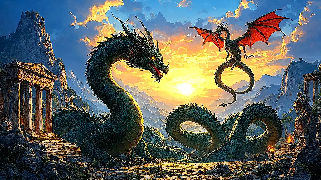 Greek mythology dragons in epic battle scene.