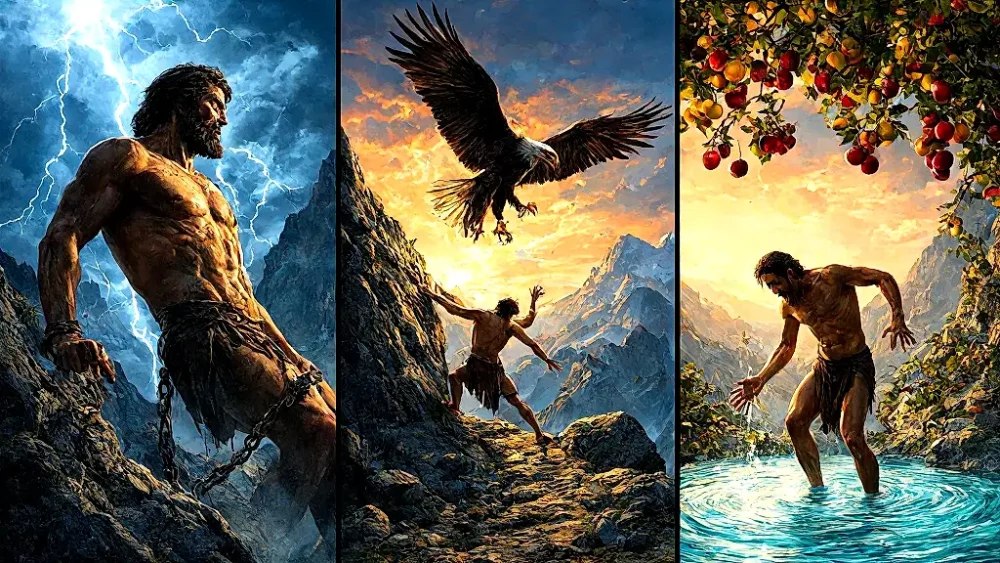 Greek mythology punishments: Prometheus, Sisyphus, Tantalus suffering.