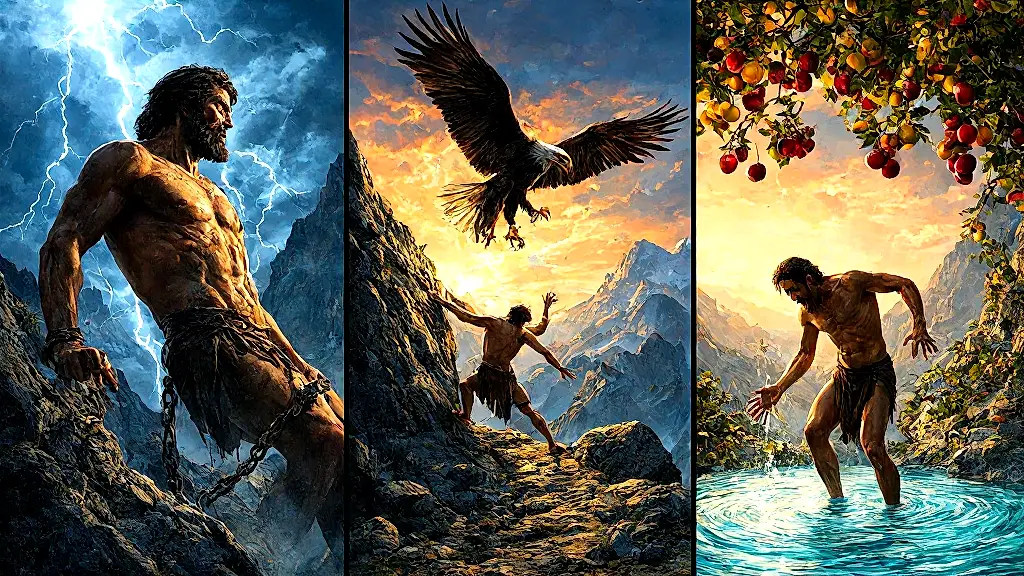 Greek mythology punishments: Prometheus, Sisyphus, Tantalus suffering.