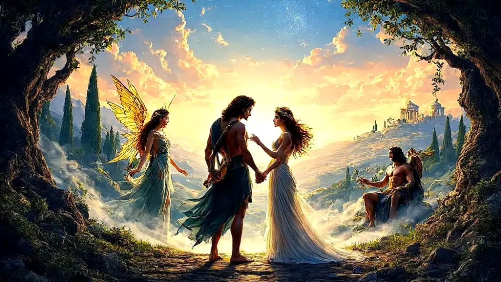 Greek mythology's iconic lovers in a vibrant, cinematic scene.