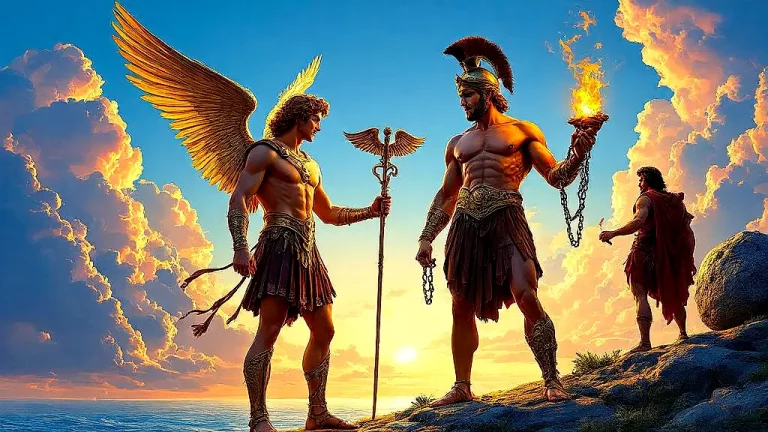 Greek mythology tricksters in vibrant, epic scene.