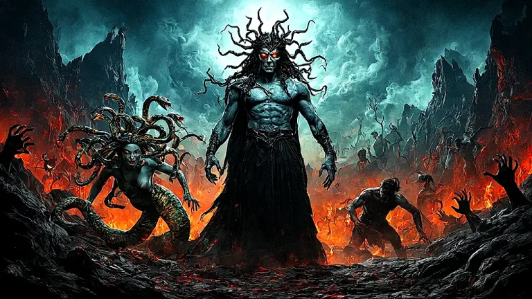 Greek mythology villains Hades, Medusa, Sisyphus in Tartarus.