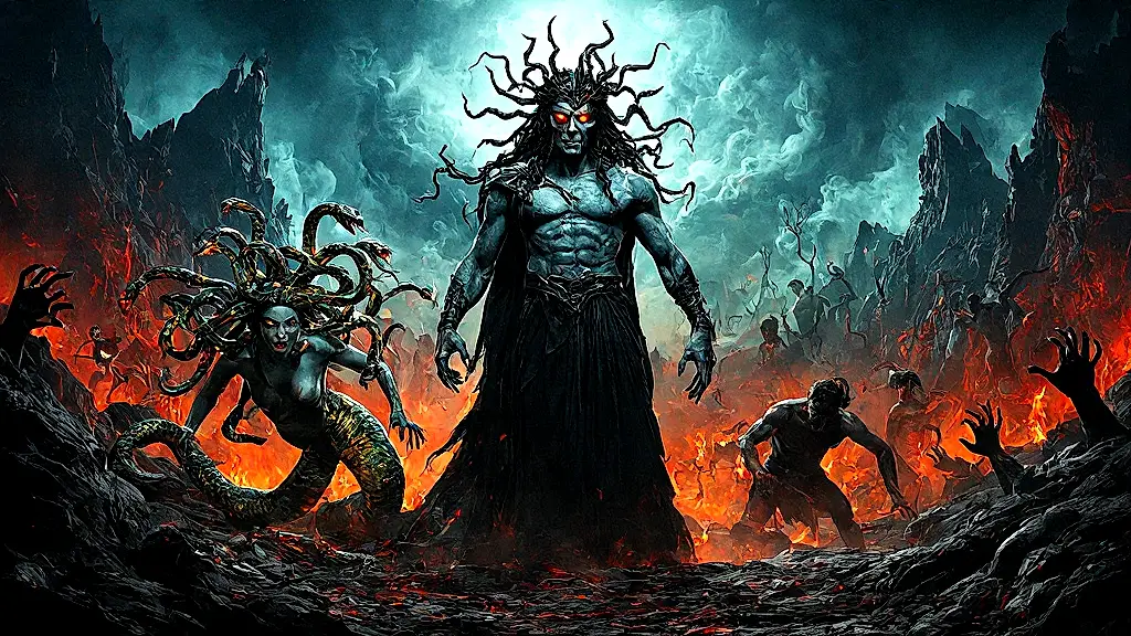 Greek mythology villains Hades, Medusa, Sisyphus in Tartarus.