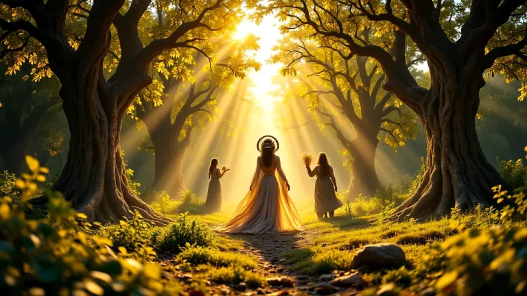Greek nature gods Gaia, Pan, and Demeter in lush forest.