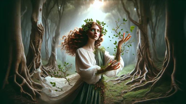 Greek Nymph Daphne Transforming Into A Laurel Tree In A Mystical Forest