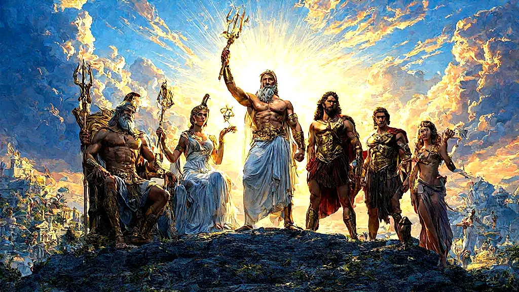Greek Olympians assembled on Mount Olympus, radiating divine power.