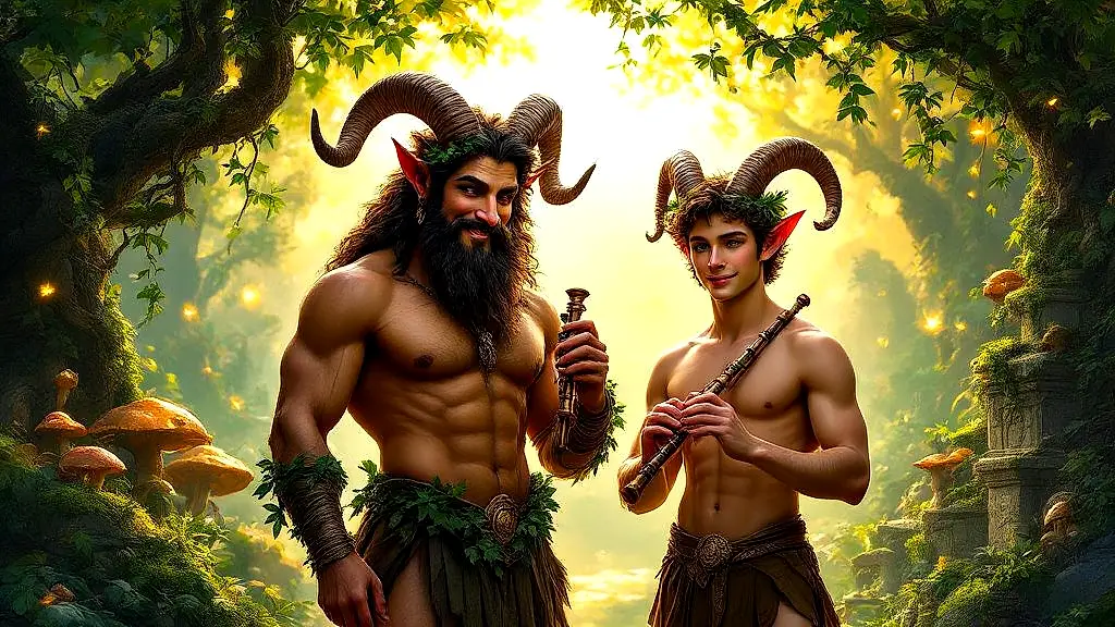 Greek satyr and Roman faun in enchanted forest.